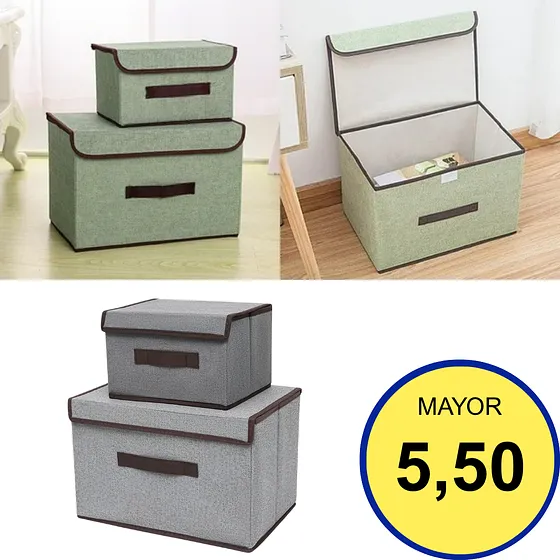 PACK DE 2 CAJAS ORGANIZADORAS DE TELA CON TAPA Y MANIJA – SET DE CUBOS DE ALMACENAMIENTO PLEGABLES PARA ROPA, JUGUETES Y HOGAR
