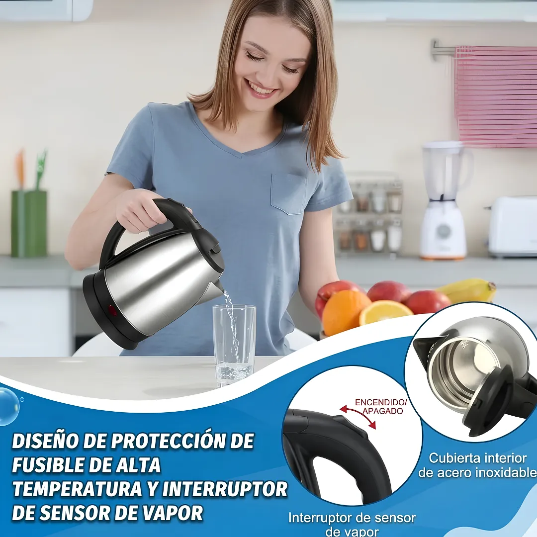 HERVIDOR ELÉCTRICO DE AGUA 2L HERVIDORA DE ACERO INOXIDABLE CON APAGADO AUTOMÁTICO Y BASE GIRATORIA