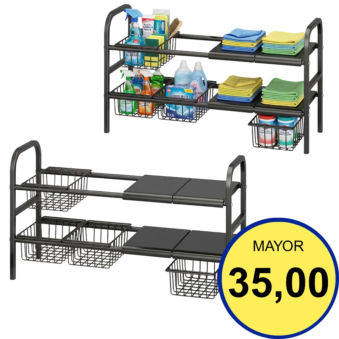 ESTANTE ORGANIZADOR PARA FREGADERO MULTIUSO EXTENSIBLE Y AJUSTABLE DE 2 NIVELES CON CESTAS DESLIZANTES PARA MAXIMIZAR EL ESPACIO DE ALMACENAMIENTO EN LA COCINA Y BAÑO