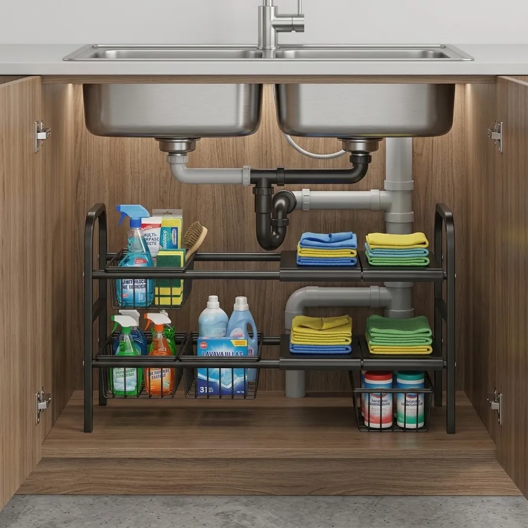 ESTANTE ORGANIZADOR PARA FREGADERO MULTIUSO EXTENSIBLE Y AJUSTABLE DE 2 NIVELES CON CESTAS DESLIZANTES PARA MAXIMIZAR EL ESPACIO DE ALMACENAMIENTO EN LA COCINA Y BAÑO