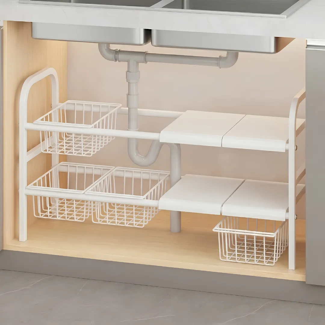 ESTANTE ORGANIZADOR PARA FREGADERO MULTIUSO EXTENSIBLE Y AJUSTABLE DE 2 NIVELES CON CESTAS DESLIZANTES PARA MAXIMIZAR EL ESPACIO DE ALMACENAMIENTO EN LA COCINA Y BAÑO