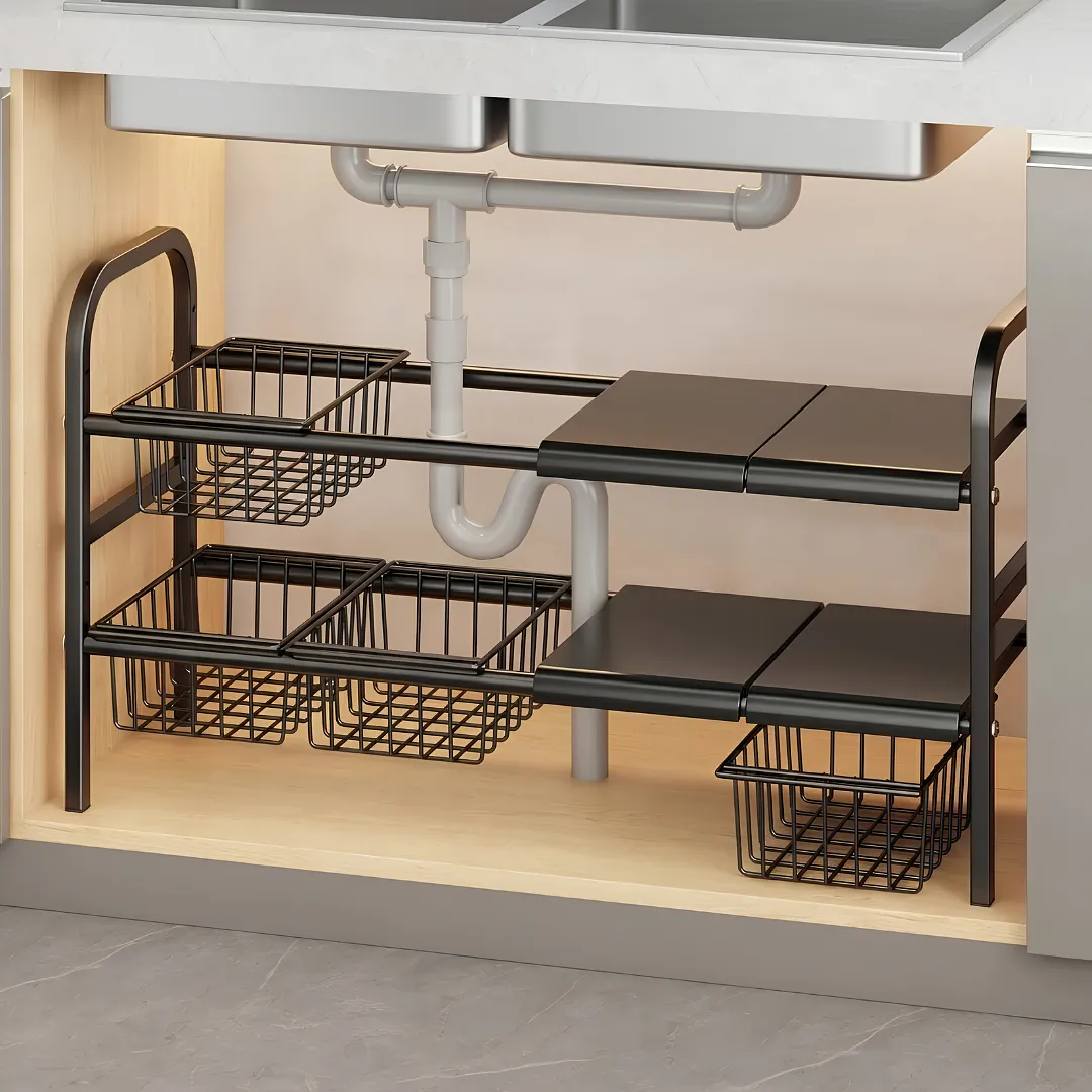 ESTANTE ORGANIZADOR PARA FREGADERO MULTIUSO EXTENSIBLE Y AJUSTABLE DE 2 NIVELES CON CESTAS DESLIZANTES PARA MAXIMIZAR EL ESPACIO DE ALMACENAMIENTO EN LA COCINA Y BAÑO