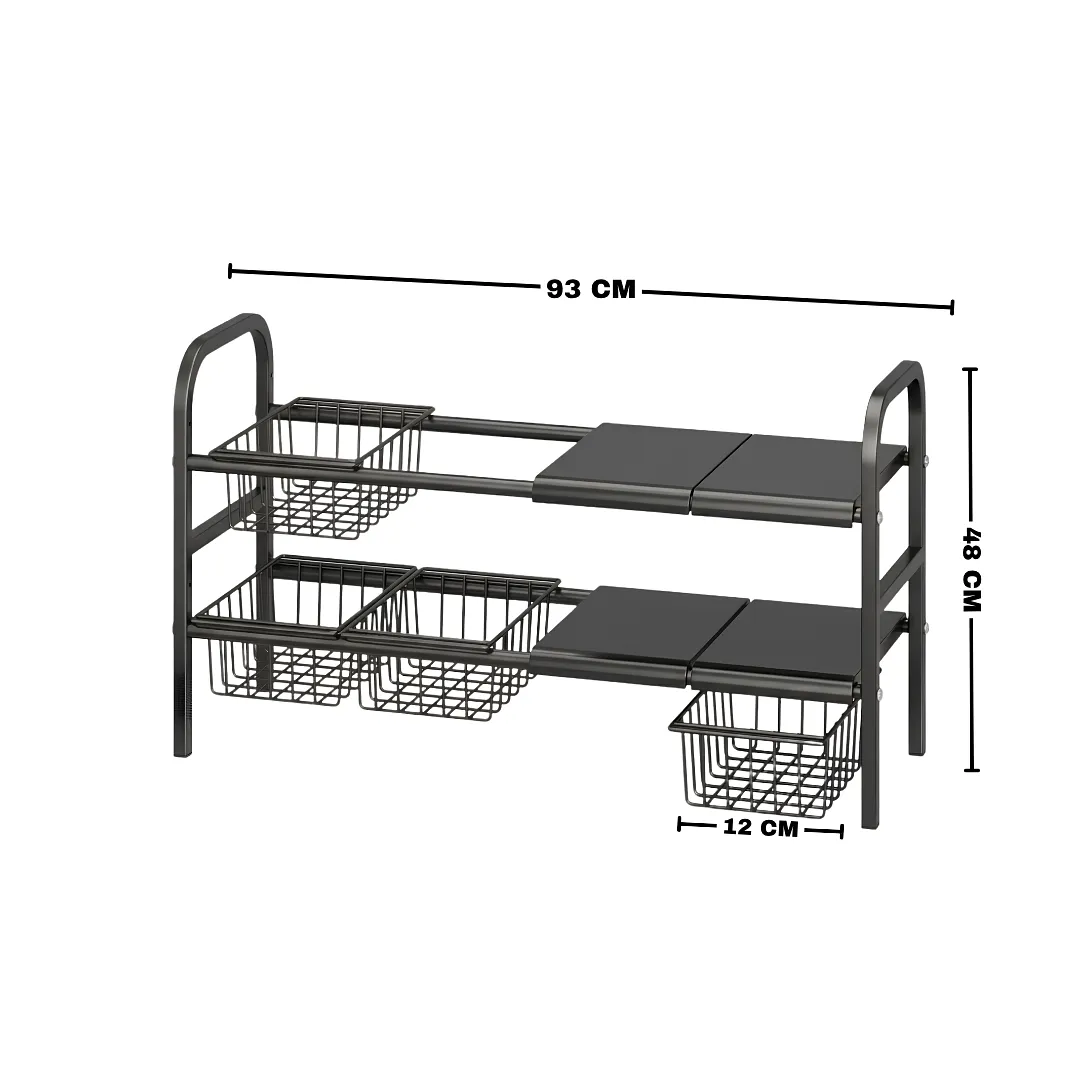 ESTANTE ORGANIZADOR PARA FREGADERO MULTIUSO EXTENSIBLE Y AJUSTABLE DE 2 NIVELES CON CESTAS DESLIZANTES PARA MAXIMIZAR EL ESPACIO DE ALMACENAMIENTO EN LA COCINA Y BAÑO