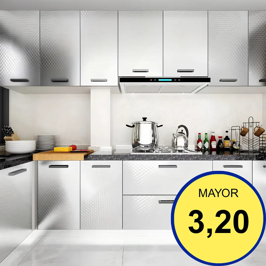 PAPEL CONTACT ADHESIVO ANTIGRASA Y IMPERMEABLE EN ALUMINIO CON DISEÑOS TEXTURIZADOS PARA PROTECCIÓN DE COCINAS, PAREDES Y GABINETES 2M X 60 CM