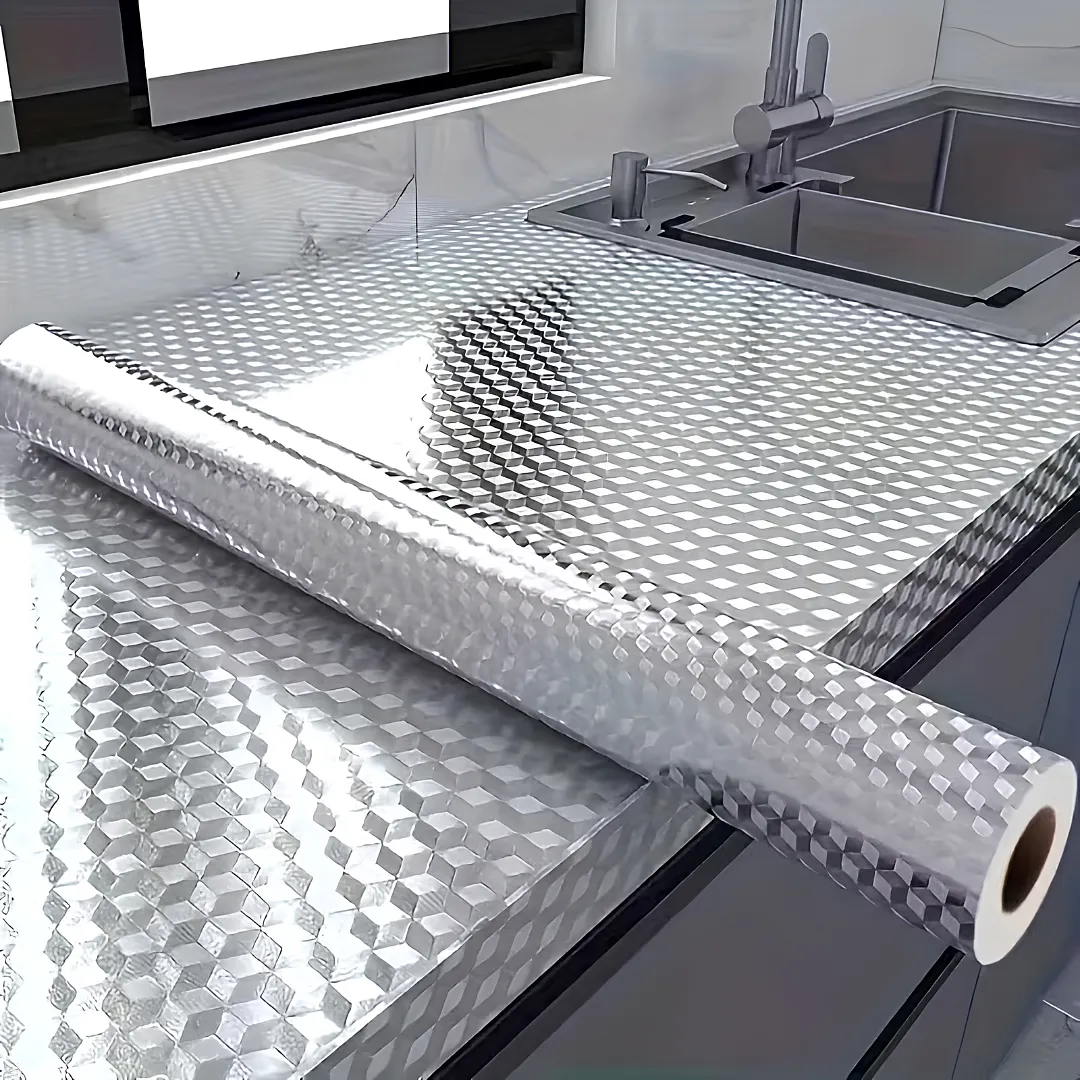 PAPEL CONTACT ADHESIVO ANTIGRASA Y IMPERMEABLE EN ALUMINIO CON DISEÑOS TEXTURIZADOS PARA PROTECCIÓN DE COCINAS, PAREDES Y GABINETES 2M X 60 CM
