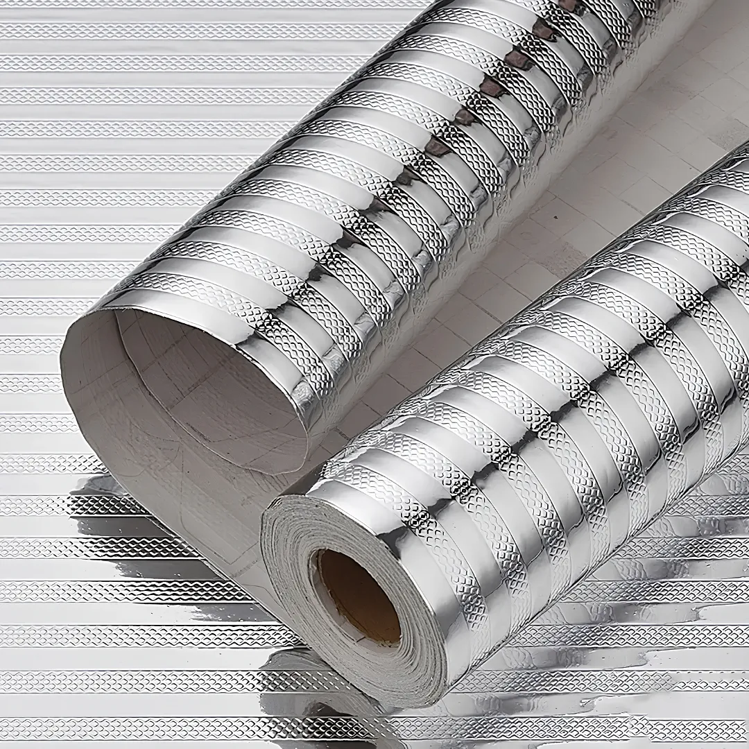 PAPEL CONTACT ADHESIVO ANTIGRASA Y IMPERMEABLE EN ALUMINIO CON DISEÑOS TEXTURIZADOS PARA PROTECCIÓN DE COCINAS, PAREDES Y GABINETES 2M X 60 CM