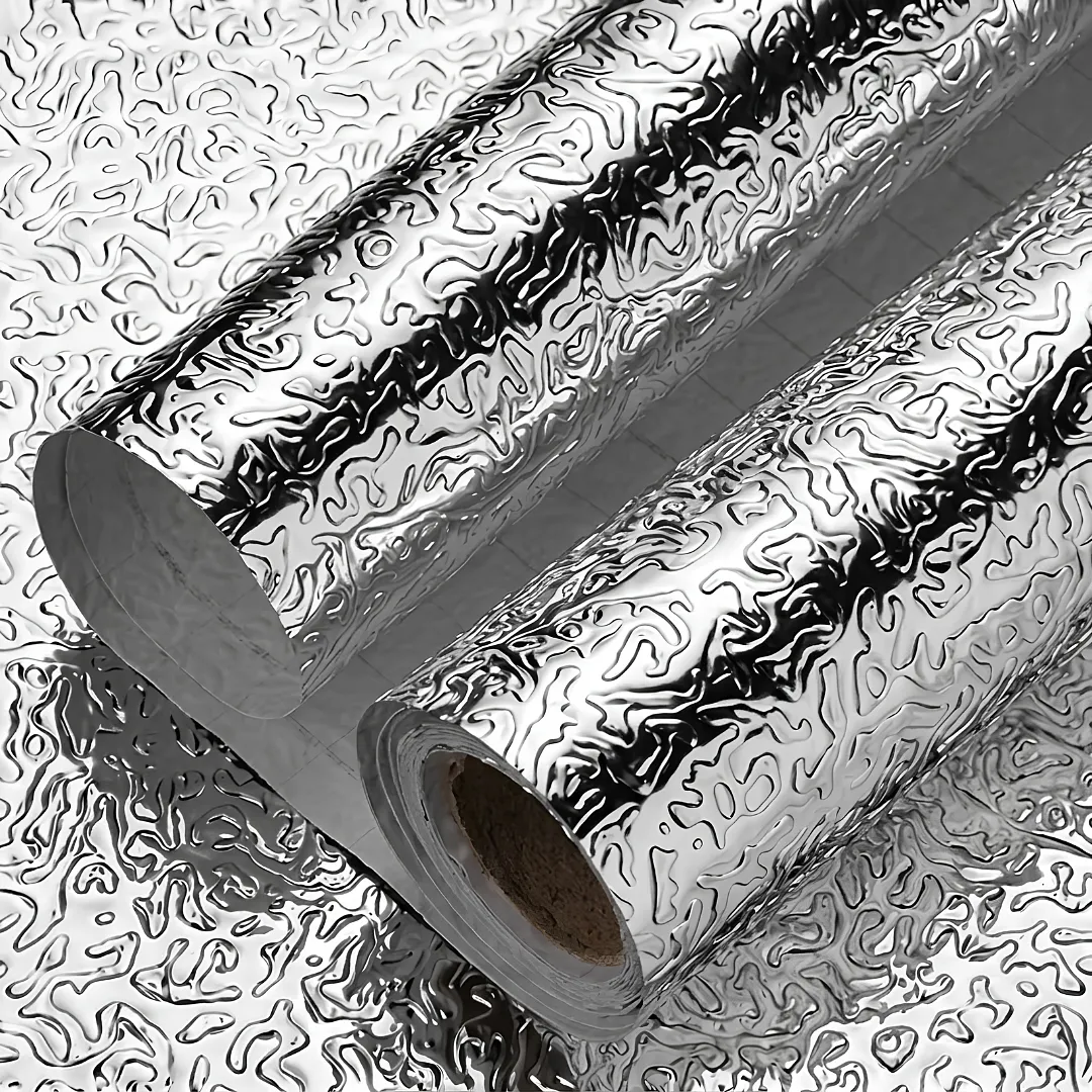 PAPEL CONTACT ADHESIVO ANTIGRASA Y IMPERMEABLE EN ALUMINIO CON DISEÑOS TEXTURIZADOS PARA PROTECCIÓN DE COCINAS, PAREDES Y GABINETES 2M X 60 CM