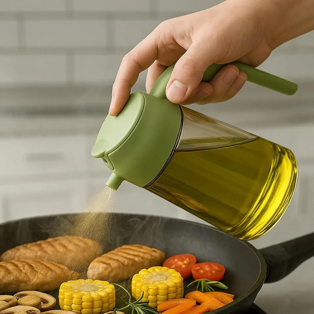 ROCIADOR Y DISPENSADOR DE ACEITE 2 EN 1 BOTELLA DE VIDRIO DE 470 ML CON SPRAY Y CHORRO PARA COCINA Y AIR FRYER