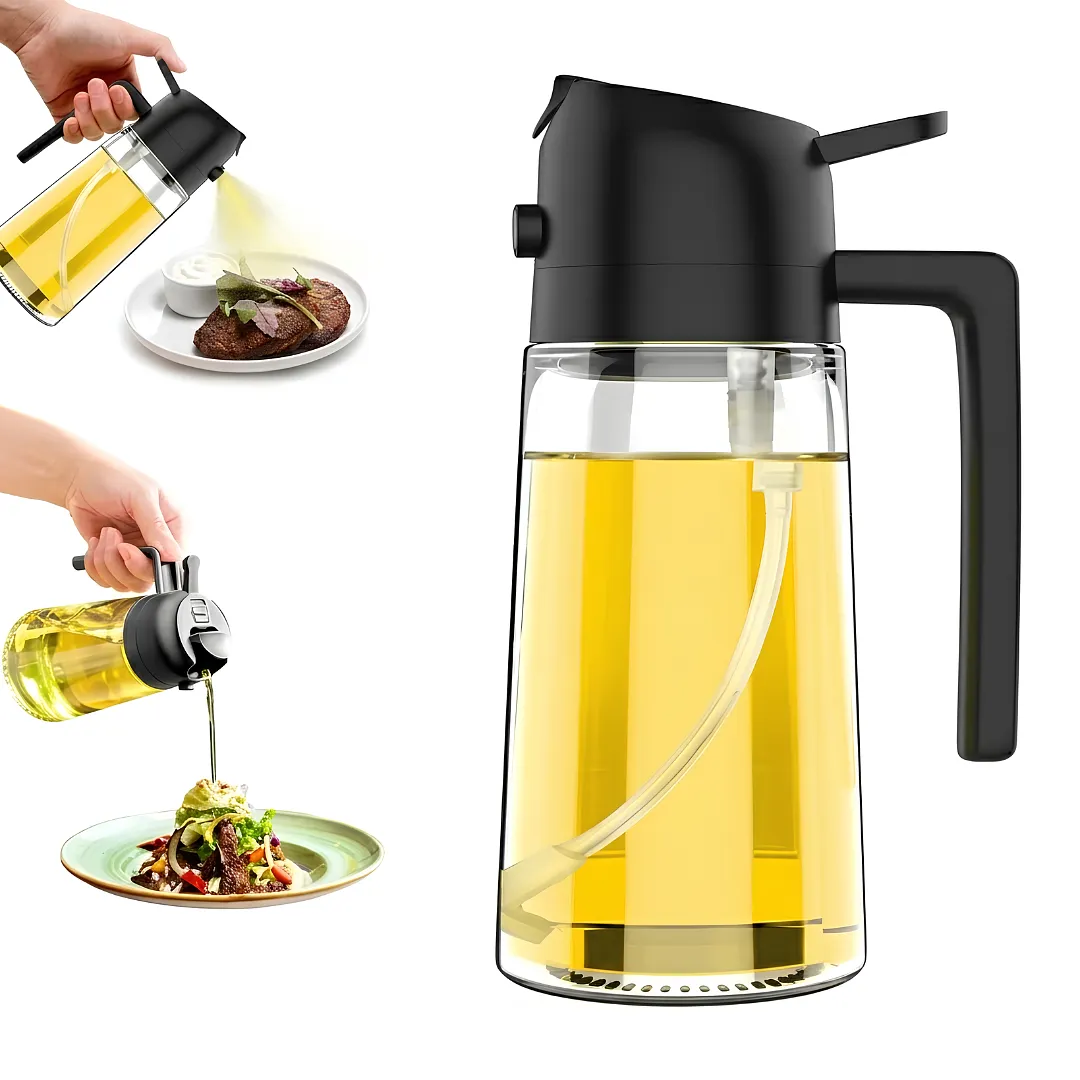ROCIADOR Y DISPENSADOR DE ACEITE 2 EN 1 BOTELLA DE VIDRIO DE 470 ML CON SPRAY Y CHORRO PARA COCINA Y AIR FRYER