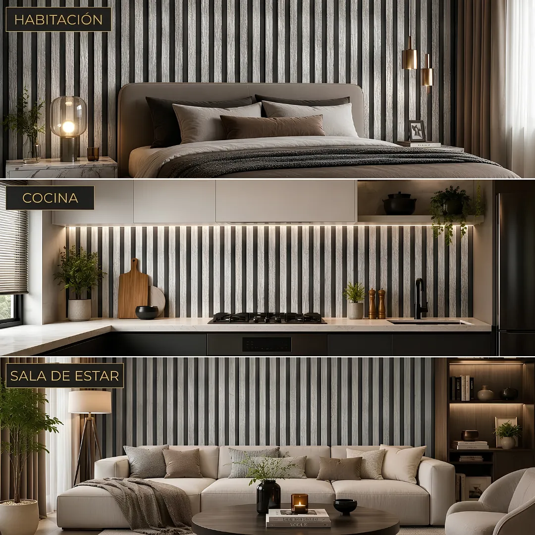 PAPEL TAPIZ DECORATIVO AUTOADHESIVO LISTONES DE MADERA TIPO PANEL ACÚSTICO 2 M X 60 CM ROLLO DE VINILO DE PARED MODERNO FÁCIL INSTALACIÓN
