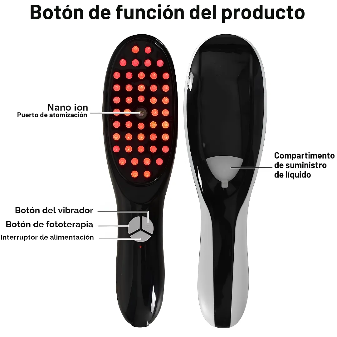 CEPILLO MASAJEADOR CAPILAR ELÉCTRICO CON FOTOTERAPIA LUZ ROJA Y AZUL Y VAPORIZADOR NANO ION PARA CRECIMIENTO Y CAÍDA DEL CABELLO RECARGABLE USB
