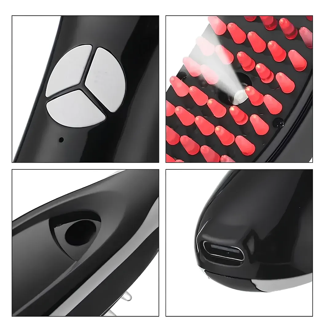 CEPILLO MASAJEADOR CAPILAR ELÉCTRICO CON FOTOTERAPIA LUZ ROJA Y AZUL Y VAPORIZADOR NANO ION PARA CRECIMIENTO Y CAÍDA DEL CABELLO RECARGABLE USB