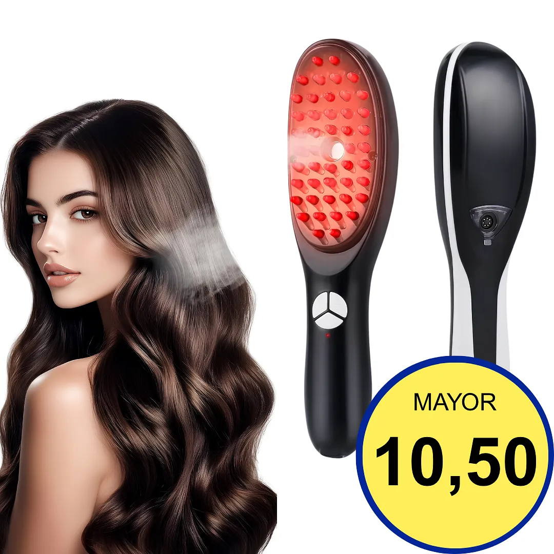 CEPILLO MASAJEADOR CAPILAR ELÉCTRICO CON FOTOTERAPIA LUZ ROJA Y AZUL Y VAPORIZADOR NANO ION PARA CRECIMIENTO Y CAÍDA DEL CABELLO RECARGABLE USB