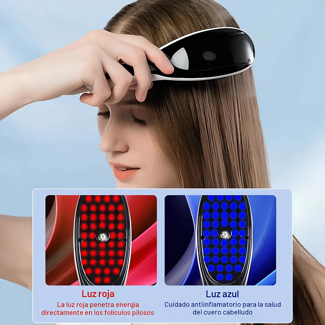 CEPILLO MASAJEADOR CAPILAR ELÉCTRICO CON FOTOTERAPIA LUZ ROJA Y AZUL Y VAPORIZADOR NANO ION PARA CRECIMIENTO Y CAÍDA DEL CABELLO RECARGABLE USB
