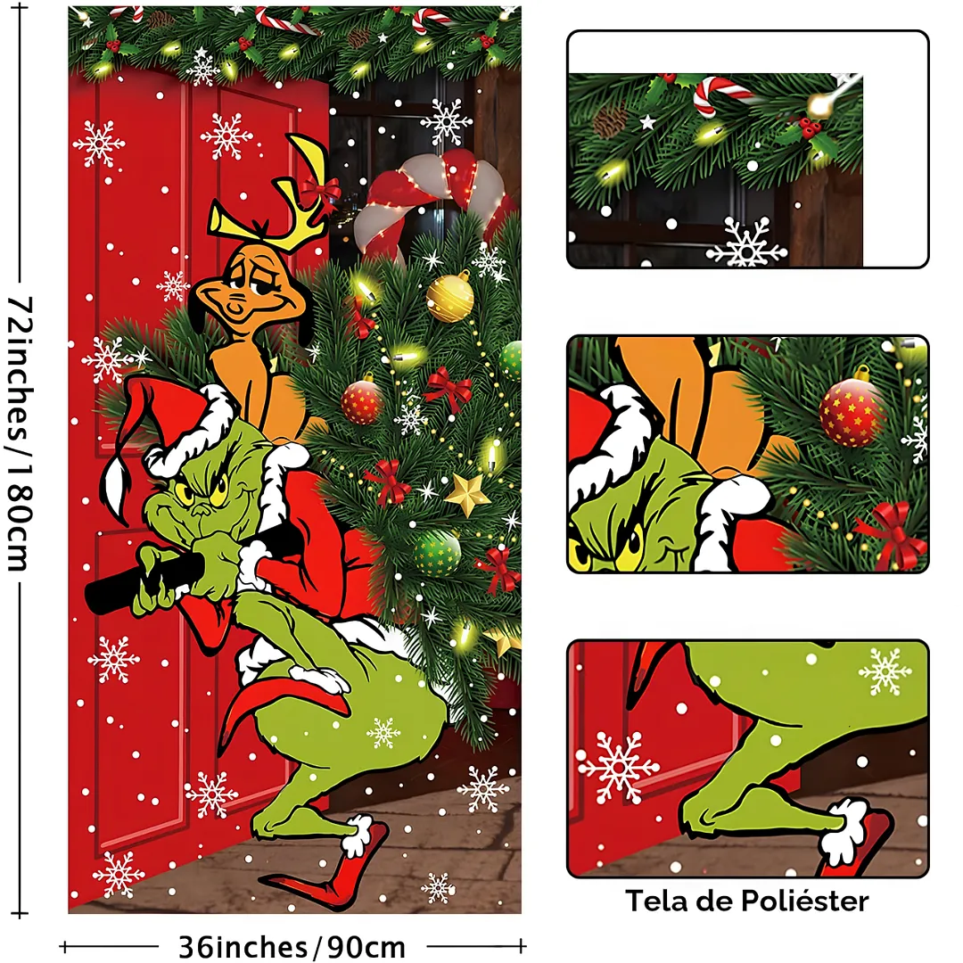 FORRO DE PUERTA NAVIDEÑO 90X180 CM DE TELA POLIÉSTER | DECORACIÓN NAVIDEÑA PARA HOGAR Y OFICINA | FÁCIL INSTALACIÓN Y REUTILIZABLE
