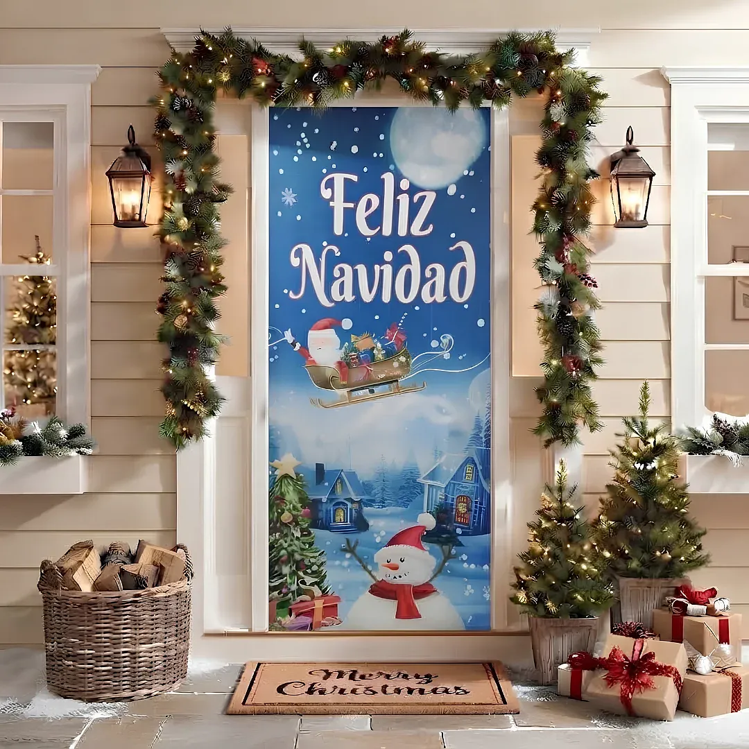 FORRO DE PUERTA NAVIDEÑO 90X180 CM DE TELA POLIÉSTER | DECORACIÓN NAVIDEÑA PARA HOGAR Y OFICINA | FÁCIL INSTALACIÓN Y REUTILIZABLE
