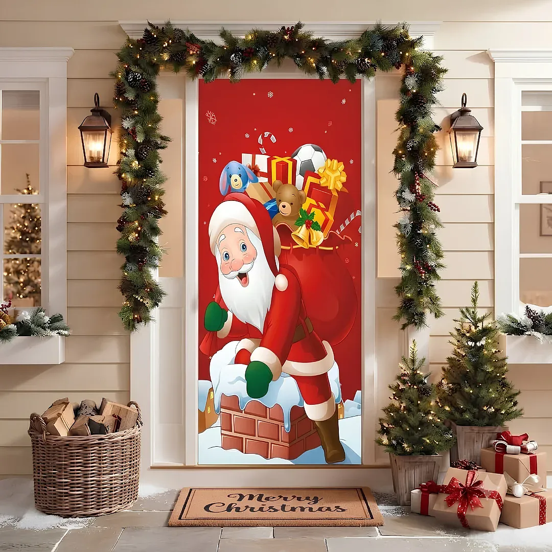 FORRO DE PUERTA NAVIDEÑO 90X180 CM DE TELA POLIÉSTER | DECORACIÓN NAVIDEÑA PARA HOGAR Y OFICINA | FÁCIL INSTALACIÓN Y REUTILIZABLE