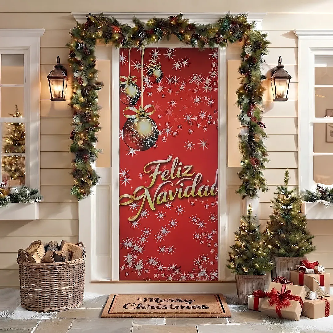 FORRO DE PUERTA NAVIDEÑO 90X180 CM DE TELA POLIÉSTER | DECORACIÓN NAVIDEÑA PARA HOGAR Y OFICINA | FÁCIL INSTALACIÓN Y REUTILIZABLE