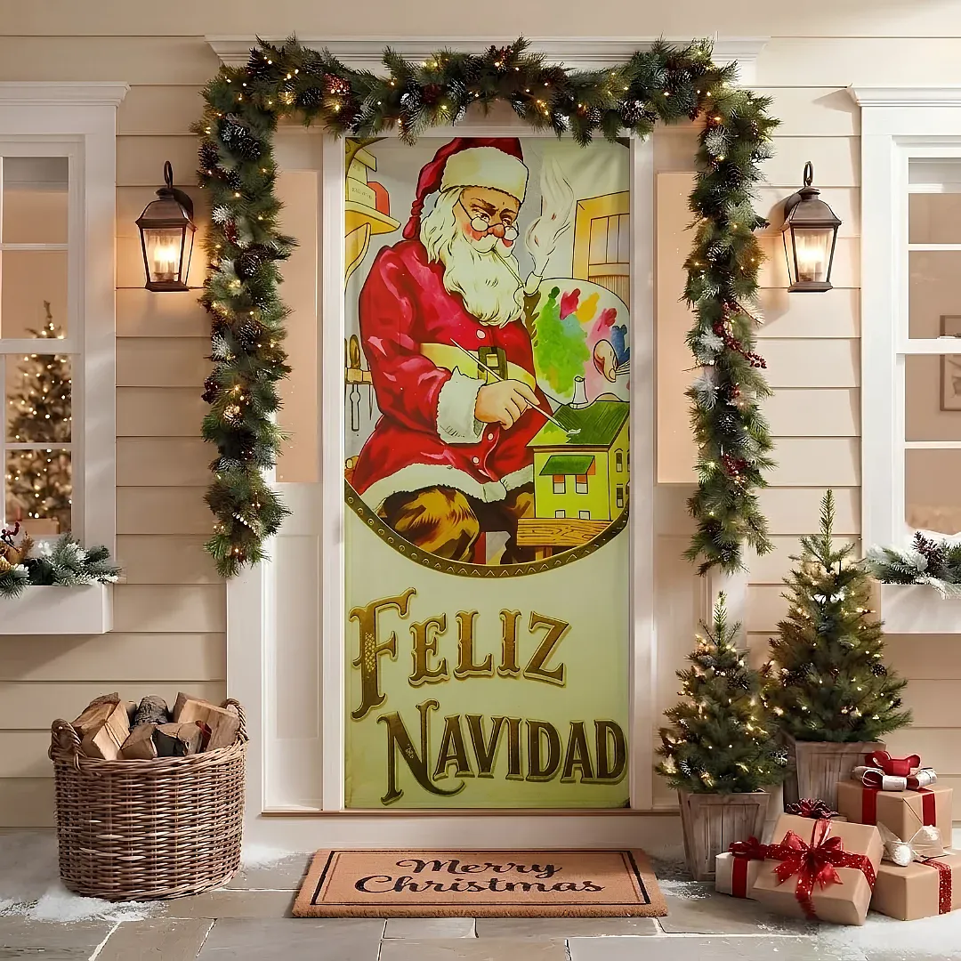 FORRO DE PUERTA NAVIDEÑO 90X180 CM DE TELA POLIÉSTER | DECORACIÓN NAVIDEÑA PARA HOGAR Y OFICINA | FÁCIL INSTALACIÓN Y REUTILIZABLE