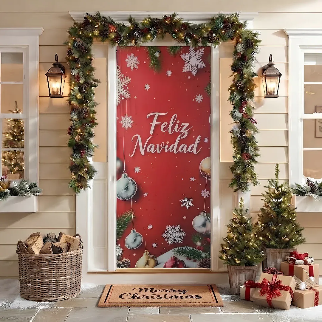 FORRO DE PUERTA NAVIDEÑO 90X180 CM DE TELA POLIÉSTER | DECORACIÓN NAVIDEÑA PARA HOGAR Y OFICINA | FÁCIL INSTALACIÓN Y REUTILIZABLE