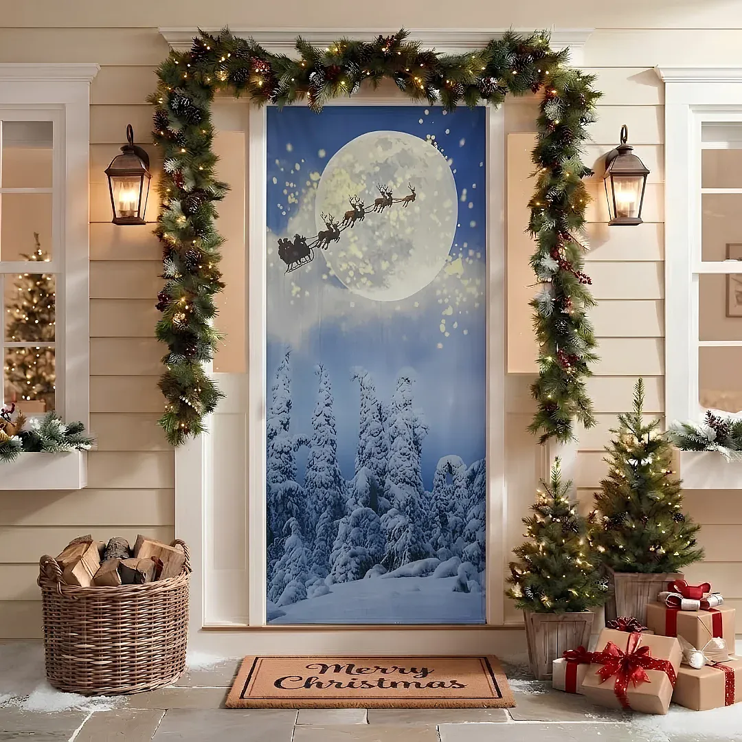 FORRO DE PUERTA NAVIDEÑO 90X180 CM DE TELA POLIÉSTER | DECORACIÓN NAVIDEÑA PARA HOGAR Y OFICINA | FÁCIL INSTALACIÓN Y REUTILIZABLE