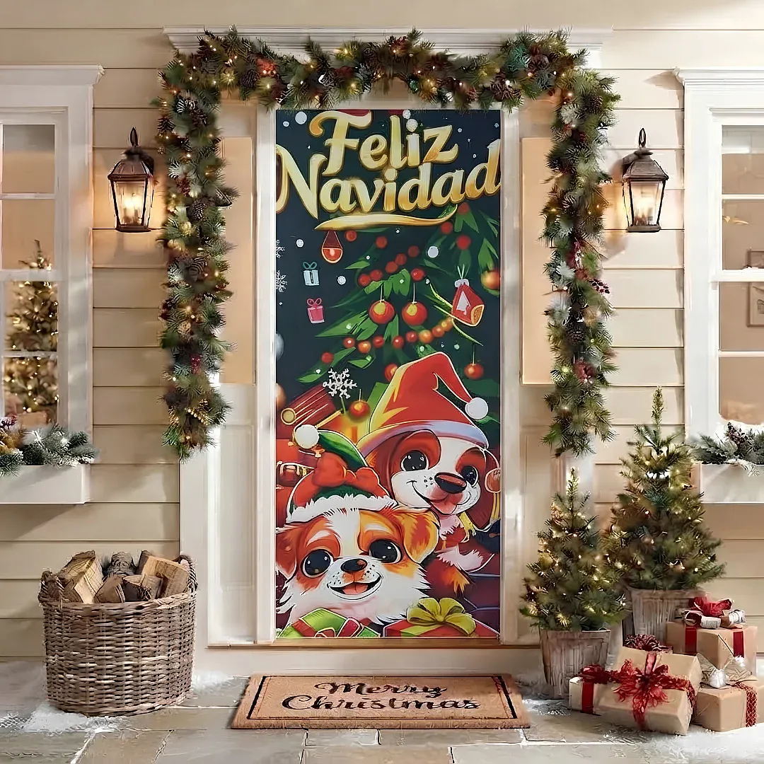 FORRO DE PUERTA NAVIDEÑO 90X180 CM DE TELA POLIÉSTER | DECORACIÓN NAVIDEÑA PARA HOGAR Y OFICINA | FÁCIL INSTALACIÓN Y REUTILIZABLE