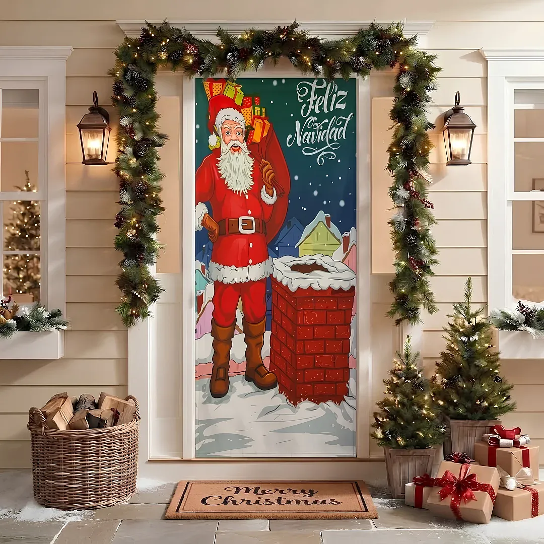 FORRO DE PUERTA NAVIDEÑO 90X180 CM DE TELA POLIÉSTER | DECORACIÓN NAVIDEÑA PARA HOGAR Y OFICINA | FÁCIL INSTALACIÓN Y REUTILIZABLE