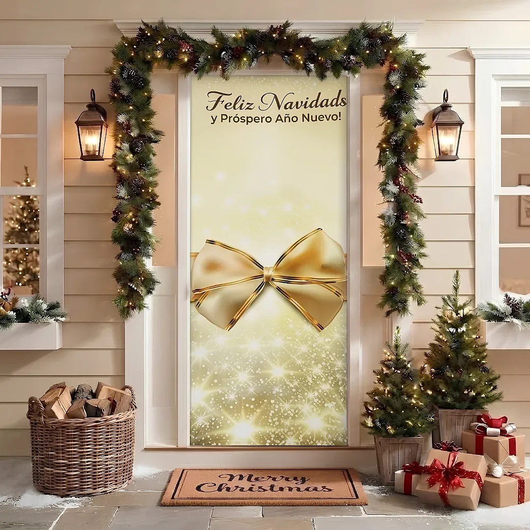FORRO DE PUERTA NAVIDEÑO 90X180 CM DE TELA POLIÉSTER | DECORACIÓN NAVIDEÑA PARA HOGAR Y OFICINA | FÁCIL INSTALACIÓN Y REUTILIZABLE