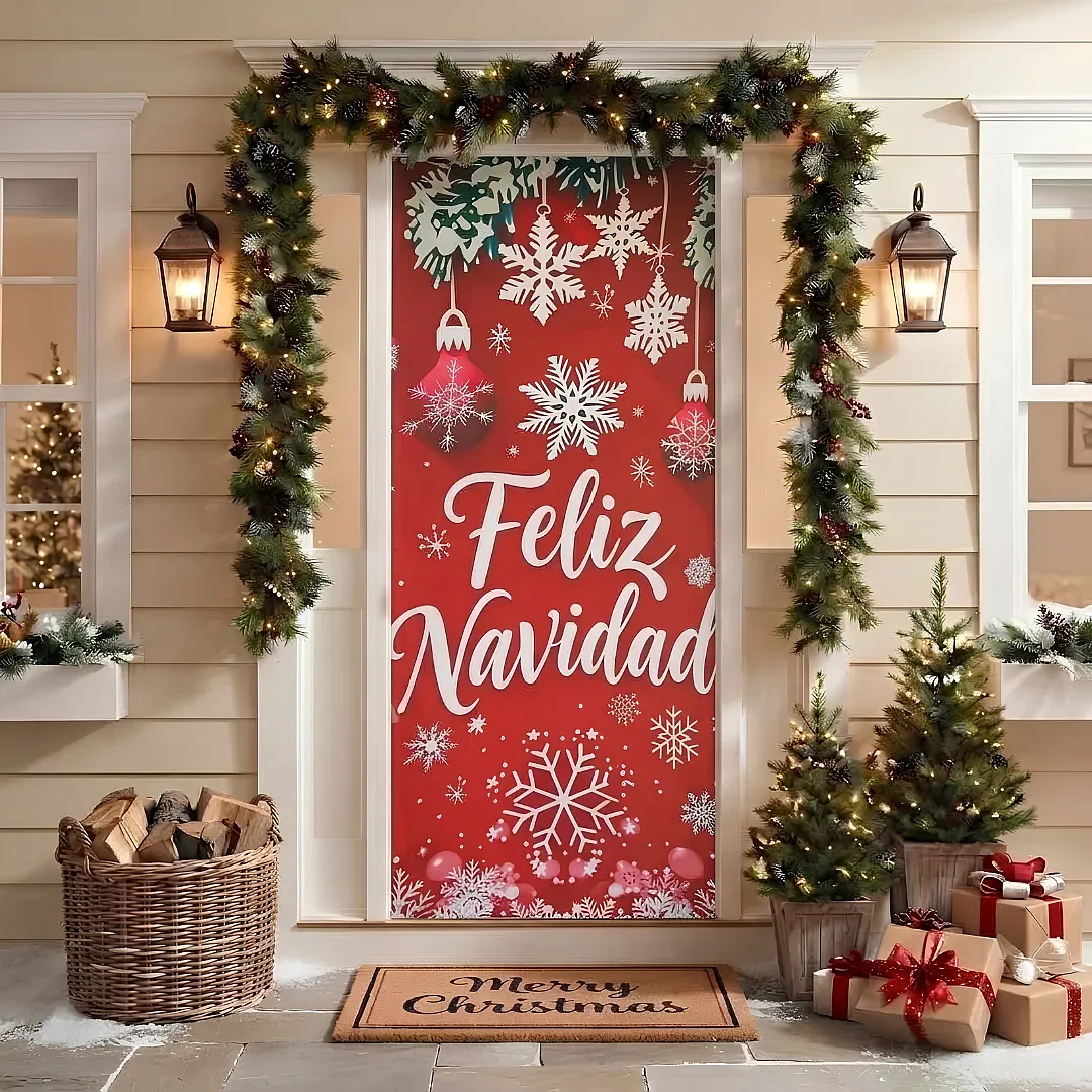 FORRO DE PUERTA NAVIDEÑO 90X180 CM DE TELA POLIÉSTER | DECORACIÓN NAVIDEÑA PARA HOGAR Y OFICINA | FÁCIL INSTALACIÓN Y REUTILIZABLE