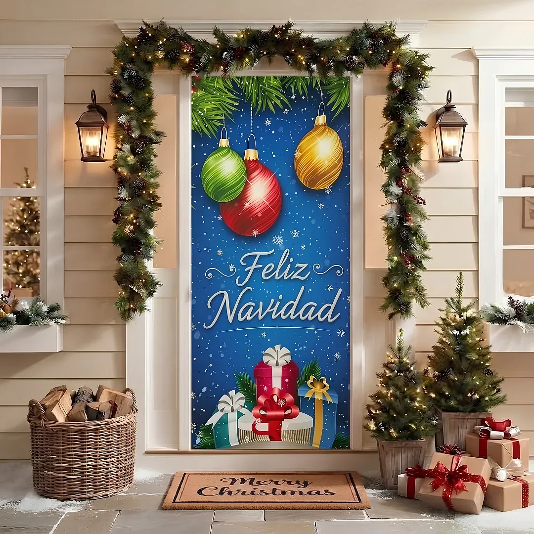 FORRO DE PUERTA NAVIDEÑO 90X180 CM DE TELA POLIÉSTER | DECORACIÓN NAVIDEÑA PARA HOGAR Y OFICINA | FÁCIL INSTALACIÓN Y REUTILIZABLE