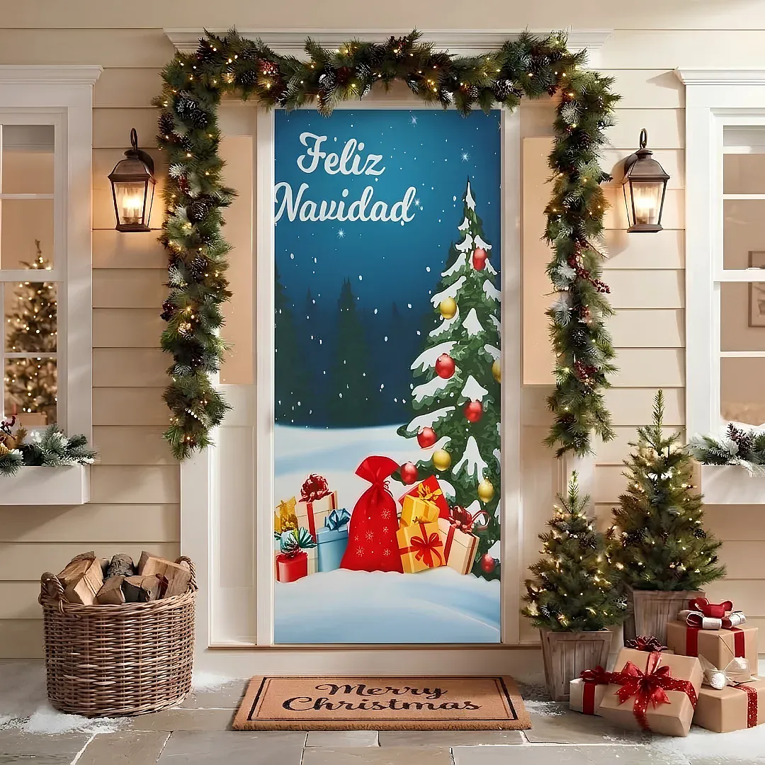 FORRO DE PUERTA NAVIDEÑO 90X180 CM DE TELA POLIÉSTER | DECORACIÓN NAVIDEÑA PARA HOGAR Y OFICINA | FÁCIL INSTALACIÓN Y REUTILIZABLE