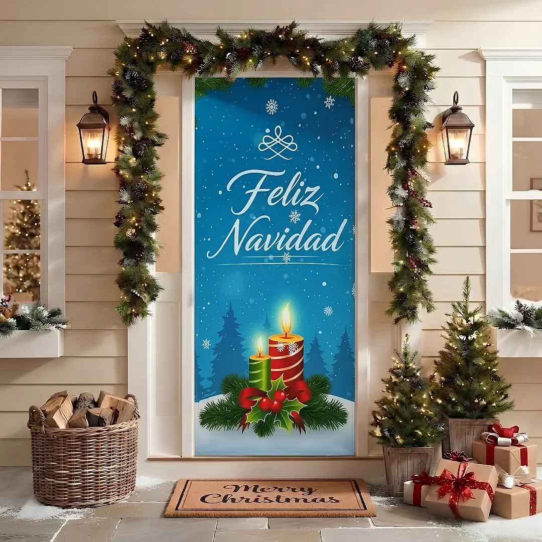 FORRO DE PUERTA NAVIDEÑO 90X180 CM DE TELA POLIÉSTER | DECORACIÓN NAVIDEÑA PARA HOGAR Y OFICINA | FÁCIL INSTALACIÓN Y REUTILIZABLE