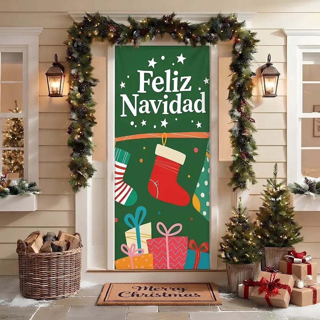 FORRO DE PUERTA NAVIDEÑO 90X180 CM DE TELA POLIÉSTER | DECORACIÓN NAVIDEÑA PARA HOGAR Y OFICINA | FÁCIL INSTALACIÓN Y REUTILIZABLE