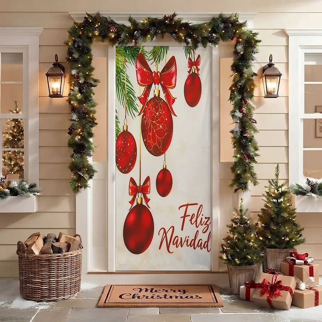 FORRO DE PUERTA NAVIDEÑO 90X180 CM DE TELA POLIÉSTER | DECORACIÓN NAVIDEÑA PARA HOGAR Y OFICINA | FÁCIL INSTALACIÓN Y REUTILIZABLE