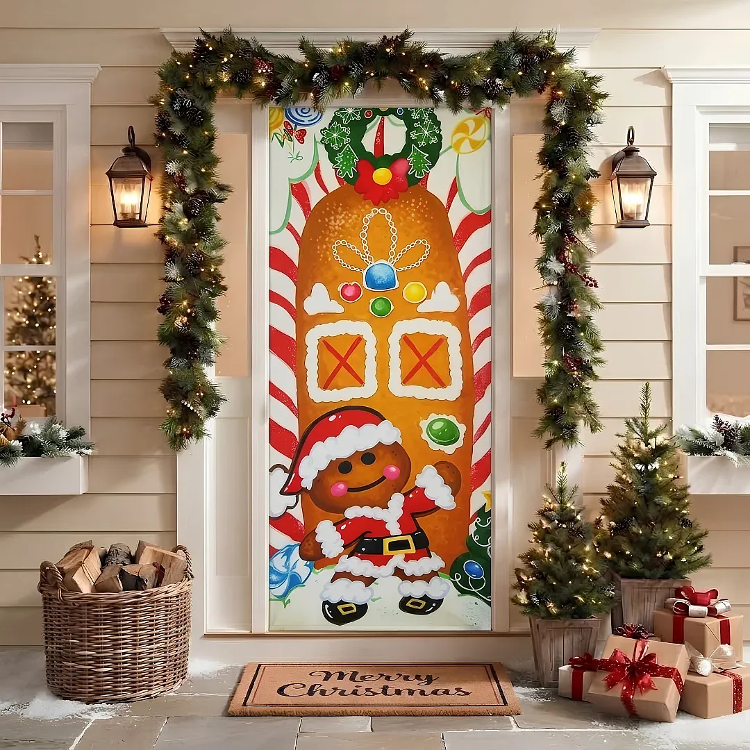 FORRO DE PUERTA NAVIDEÑO 90X180 CM DE TELA POLIÉSTER | DECORACIÓN NAVIDEÑA PARA HOGAR Y OFICINA | FÁCIL INSTALACIÓN Y REUTILIZABLE