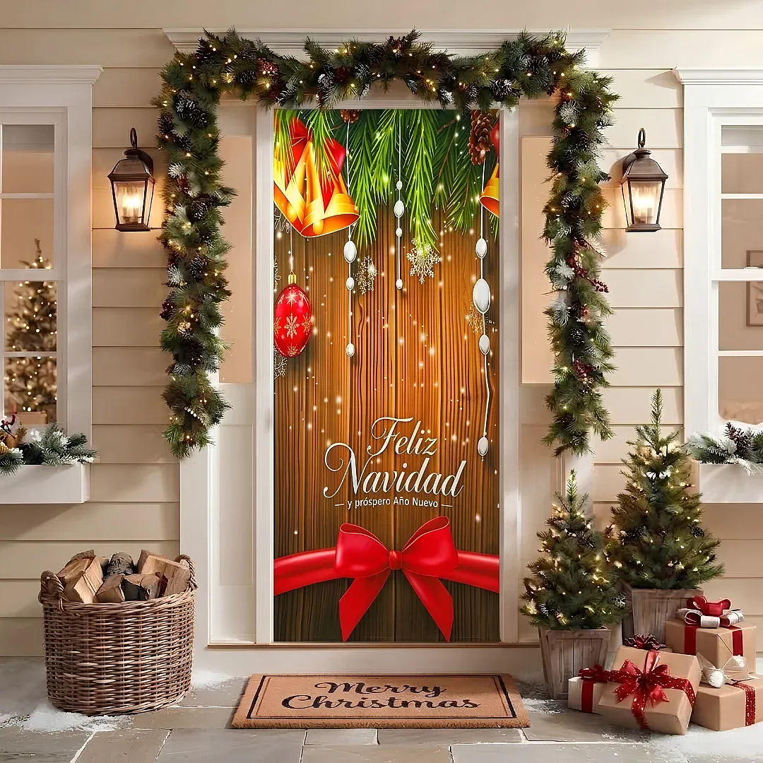 FORRO DE PUERTA NAVIDEÑO 90X180 CM DE TELA POLIÉSTER | DECORACIÓN NAVIDEÑA PARA HOGAR Y OFICINA | FÁCIL INSTALACIÓN Y REUTILIZABLE