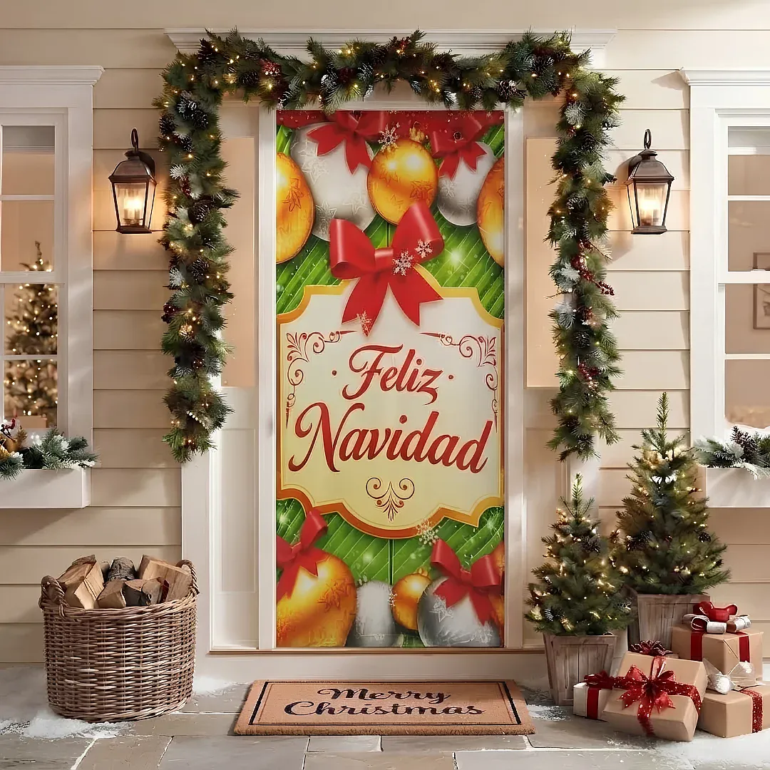 FORRO DE PUERTA NAVIDEÑO 90X180 CM DE TELA POLIÉSTER | DECORACIÓN NAVIDEÑA PARA HOGAR Y OFICINA | FÁCIL INSTALACIÓN Y REUTILIZABLE