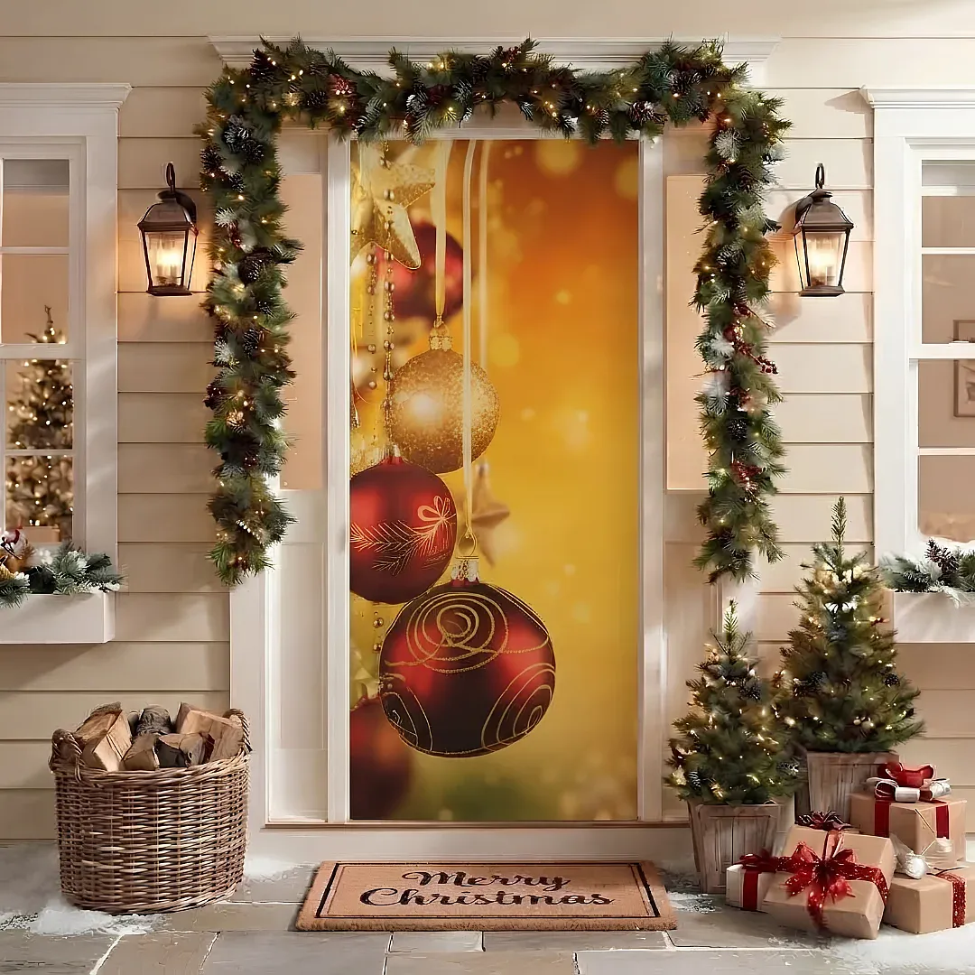 FORRO DE PUERTA NAVIDEÑO 90X180 CM DE TELA POLIÉSTER | DECORACIÓN NAVIDEÑA PARA HOGAR Y OFICINA | FÁCIL INSTALACIÓN Y REUTILIZABLE