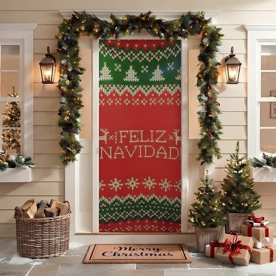 FORRO DE PUERTA NAVIDEÑO 90X180 CM DE TELA POLIÉSTER | DECORACIÓN NAVIDEÑA PARA HOGAR Y OFICINA | FÁCIL INSTALACIÓN Y REUTILIZABLE