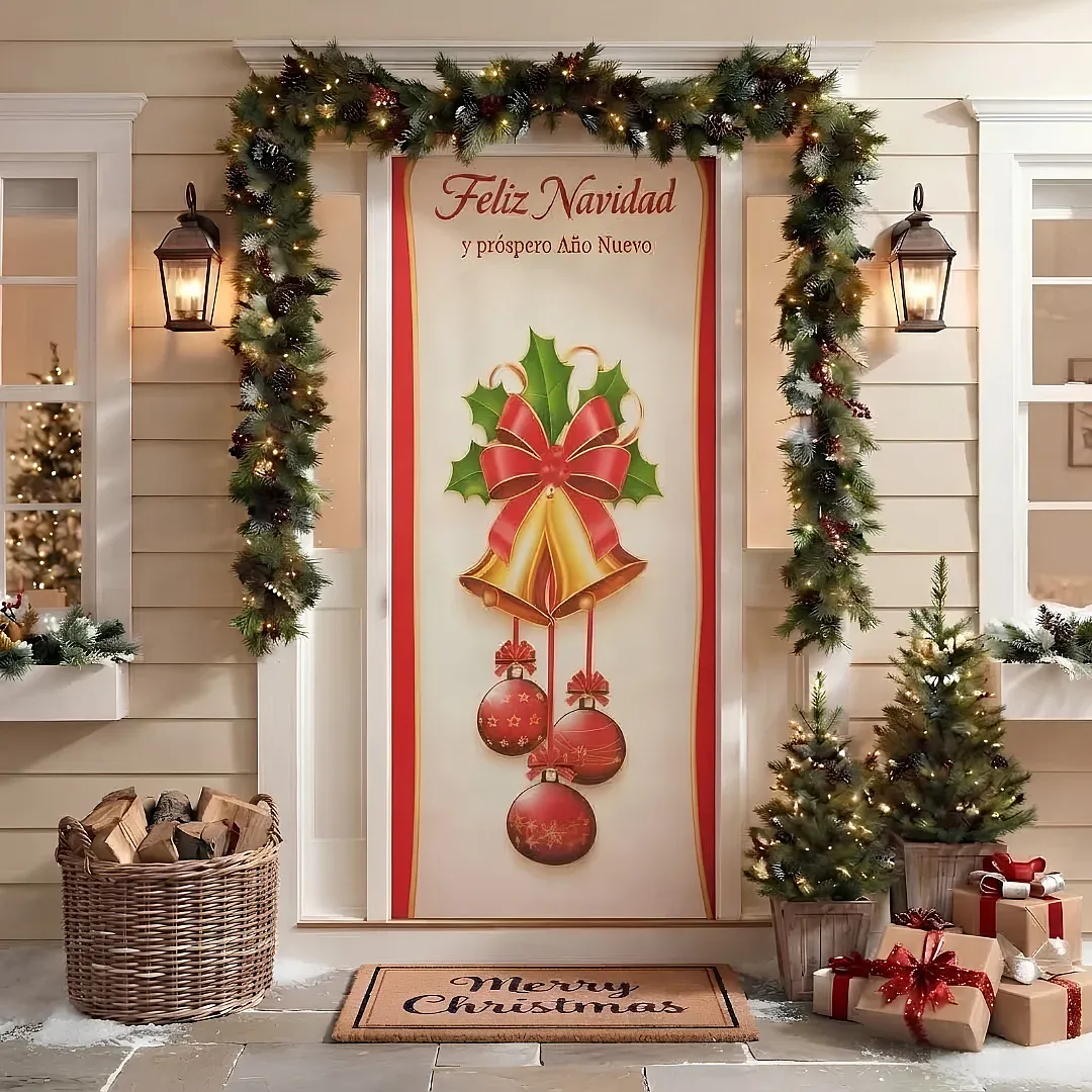 FORRO DE PUERTA NAVIDEÑO 90X180 CM DE TELA POLIÉSTER | DECORACIÓN NAVIDEÑA PARA HOGAR Y OFICINA | FÁCIL INSTALACIÓN Y REUTILIZABLE