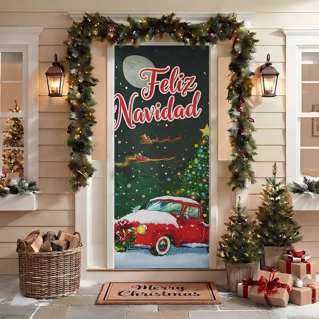 FORRO DE PUERTA NAVIDEÑO 90X180 CM DE TELA POLIÉSTER | DECORACIÓN NAVIDEÑA PARA HOGAR Y OFICINA | FÁCIL INSTALACIÓN Y REUTILIZABLE