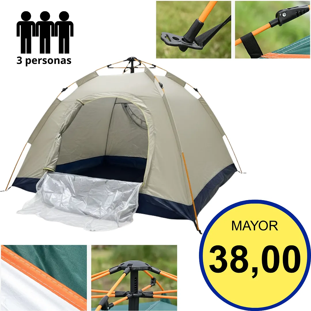 CARPA PARA CAMPING PORTÁTIL DE ARMADO RÁPIDO PARA 3 PERSONAS – DISEÑO LIGERO Y RESISTENTE – 200X150X125CM – IDEAL PARA EXTERIORES Y SENDERISMO