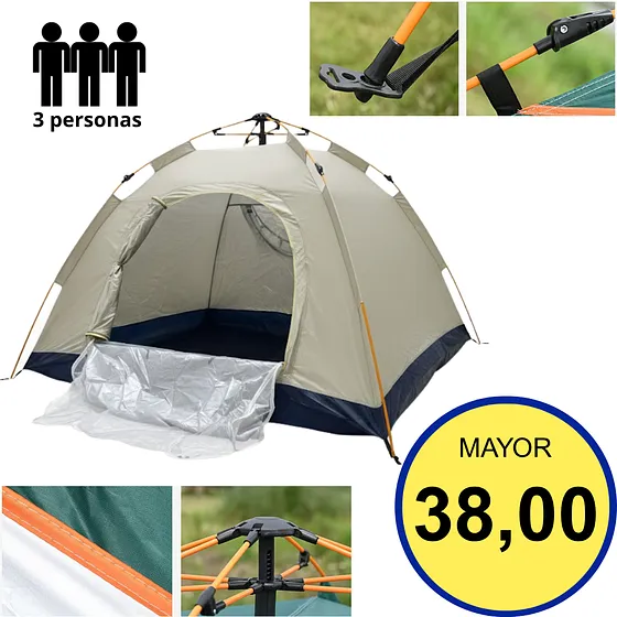 CARPA PARA CAMPING PORTÁTIL DE ARMADO RÁPIDO PARA 3 PERSONAS – DISEÑO LIGERO Y RESISTENTE – 200X150X125CM – IDEAL PARA EXTERIORES Y SENDERISMO
