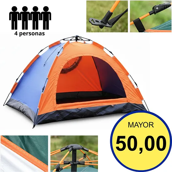 CARPA PARA CAMPING PORTÁTIL DE ARMADO RÁPIDO PARA 4 PERSONAS – LIGERA E IMPERMEABLE – 210X200X140CM – IDEAL PARA VIAJEROS Y PAREJAS