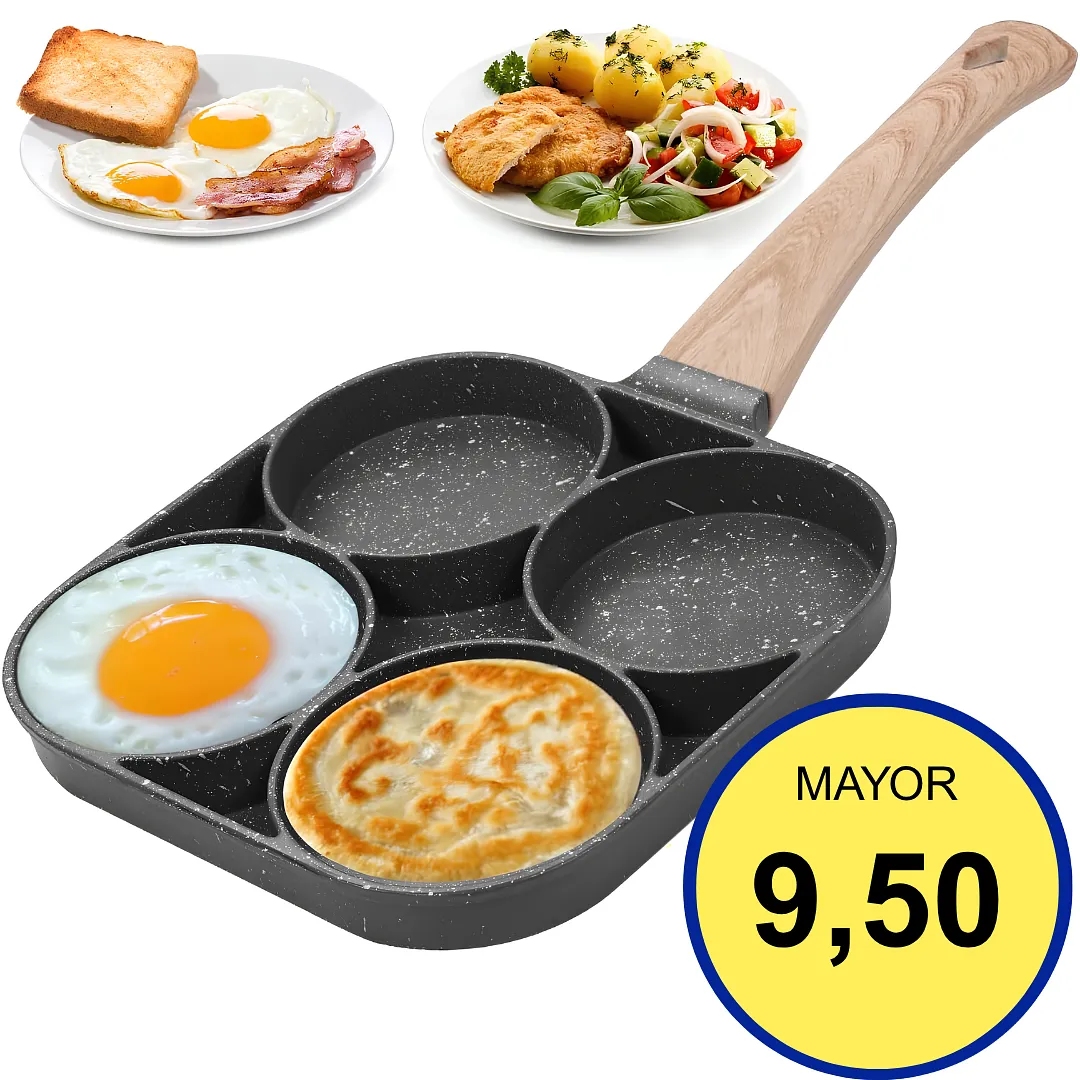SARTÉN MINI PARA 4 HUEVOS ANTIADHERENTE CON MANGO ASPECTO MADERA SARTÉN MULTI-MOLDE PORTÁTIL PARA DESAYUNOS PANCAKES Y HAMBURGUESAS