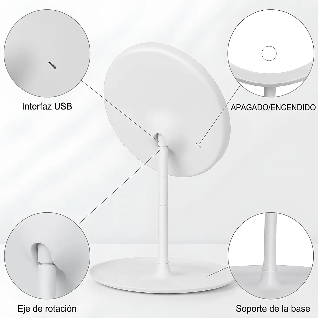 ESPEJO PARA MAQUILLAJE CON LUZ LED RECARGABLE USB BATERÍA 1200MAH CONTROL TÁCTIL BASE ORGANIZADORA Y ROTACIÓN AJUSTABLE PARA ESCRITORIO Y TOCADOR