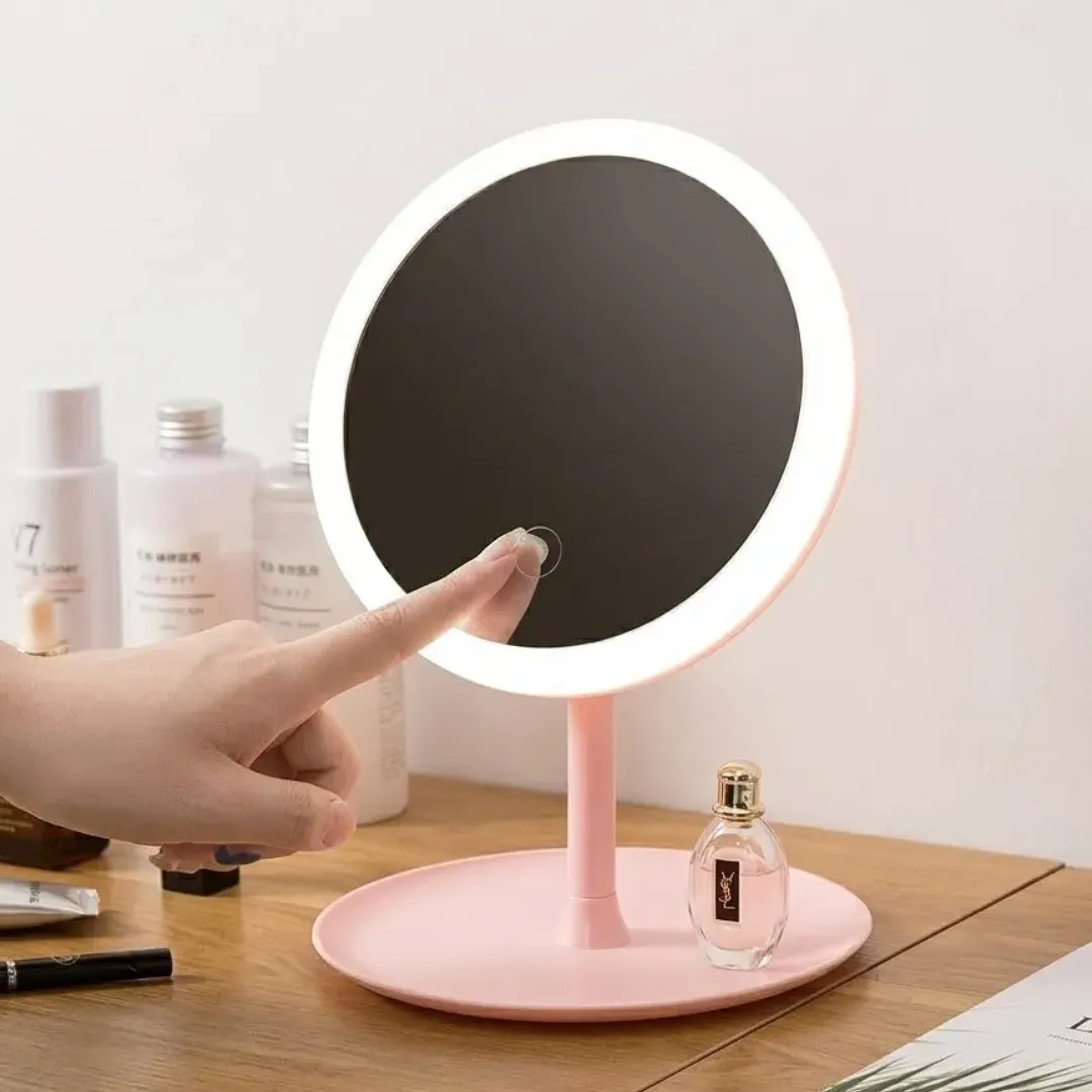 ESPEJO PARA MAQUILLAJE CON LUZ LED RECARGABLE USB BATERÍA 1200MAH CONTROL TÁCTIL BASE ORGANIZADORA Y ROTACIÓN AJUSTABLE PARA ESCRITORIO Y TOCADOR