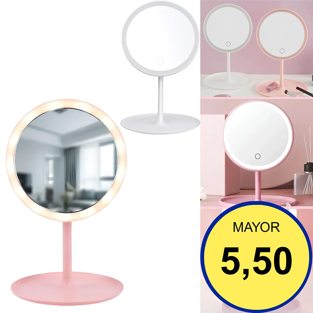 ESPEJO PARA MAQUILLAJE CON LUZ LED RECARGABLE USB BATERÍA 1200MAH CONTROL TÁCTIL BASE ORGANIZADORA Y ROTACIÓN AJUSTABLE PARA ESCRITORIO Y TOCADOR