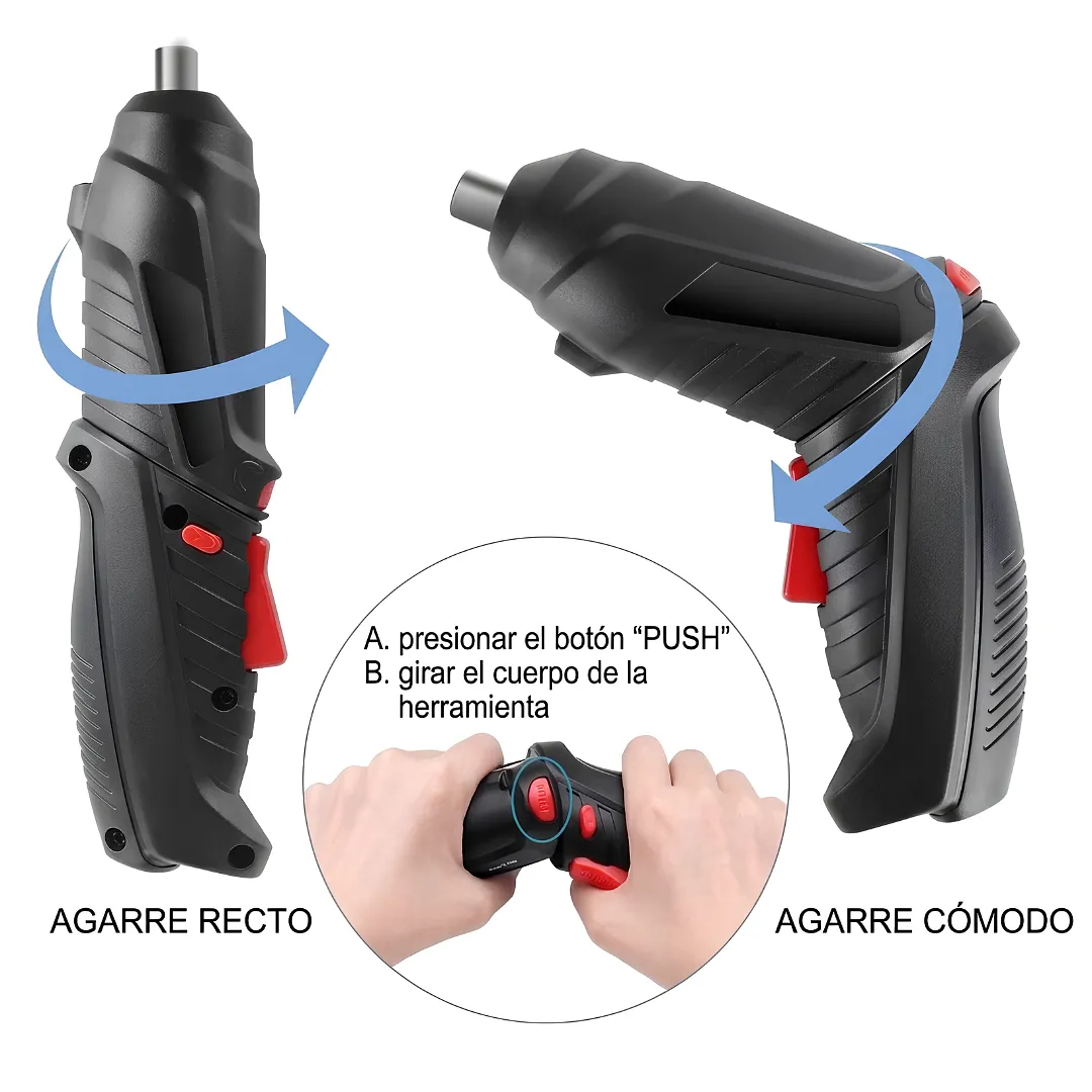DESTORNILLADOR ELÉCTRICO INALÁMBRICO RECARGABLE MULTIANGULAR 47 PIEZAS CON LUZ LED Y KIT DE PUNTAS PARA ENSAMBLAJE DE MUEBLES Y REPARACIONES DEL HOGAR