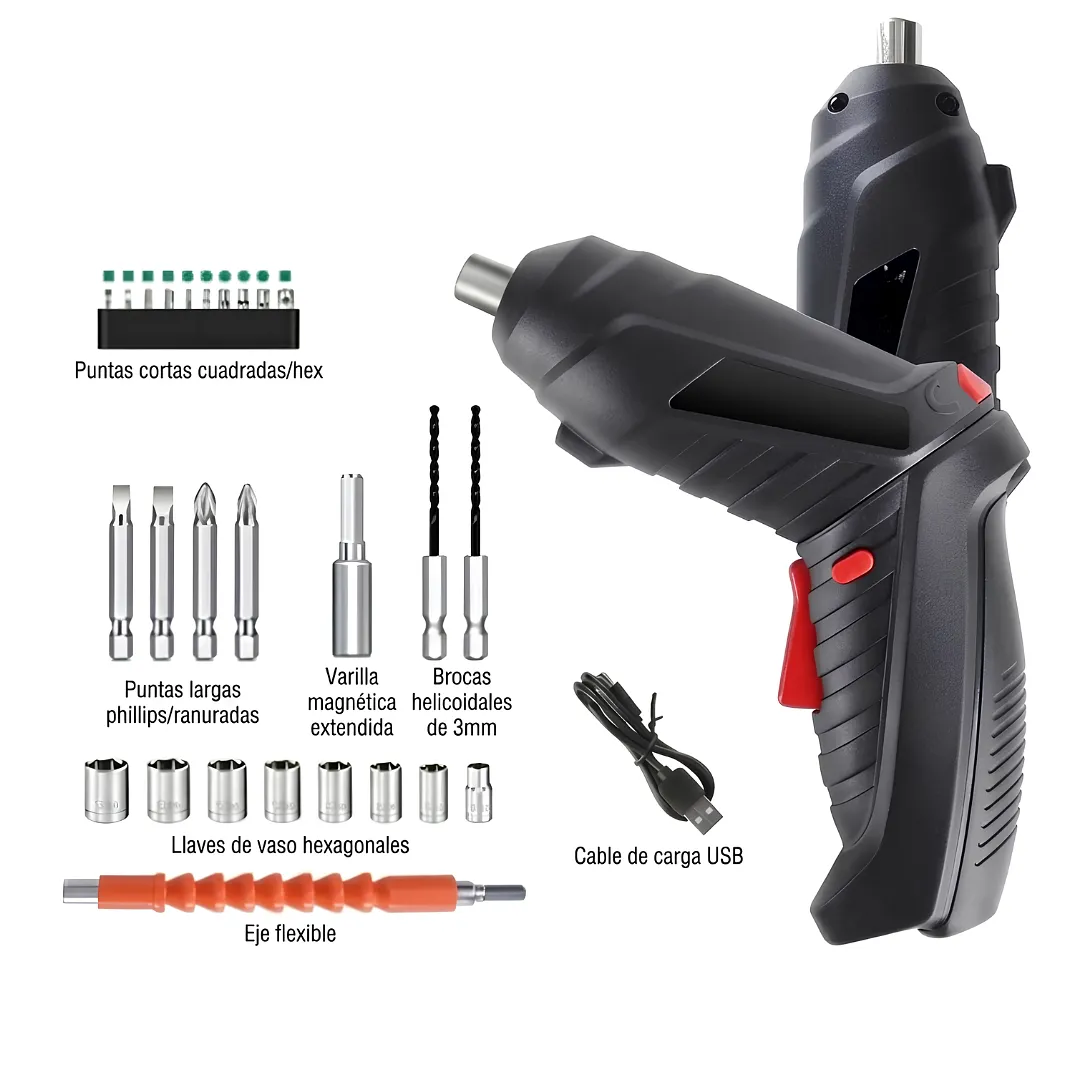 DESTORNILLADOR ELÉCTRICO INALÁMBRICO RECARGABLE MULTIANGULAR 47 PIEZAS CON LUZ LED Y KIT DE PUNTAS PARA ENSAMBLAJE DE MUEBLES Y REPARACIONES DEL HOGAR